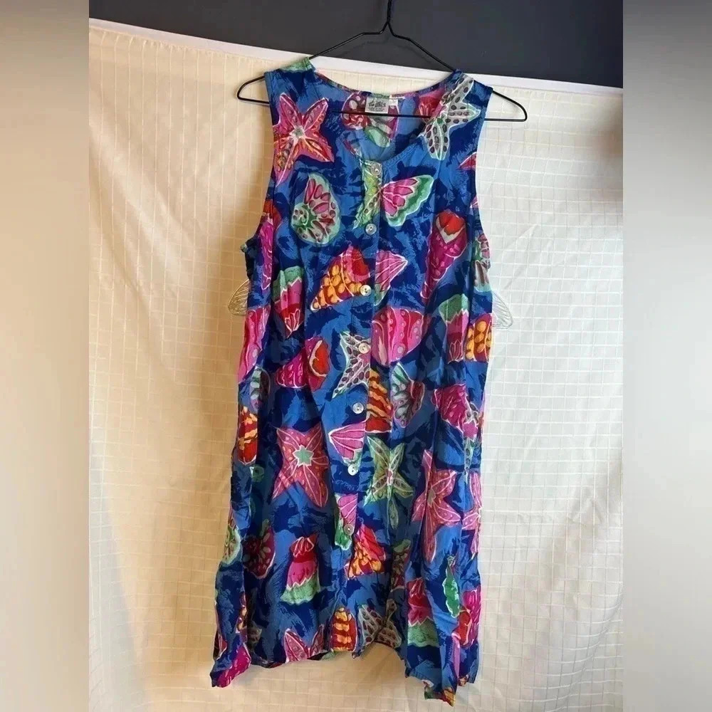 Hi Lites Button Up Rayon  Flowy, Blue Pink Colorful Seashell SummerDress L